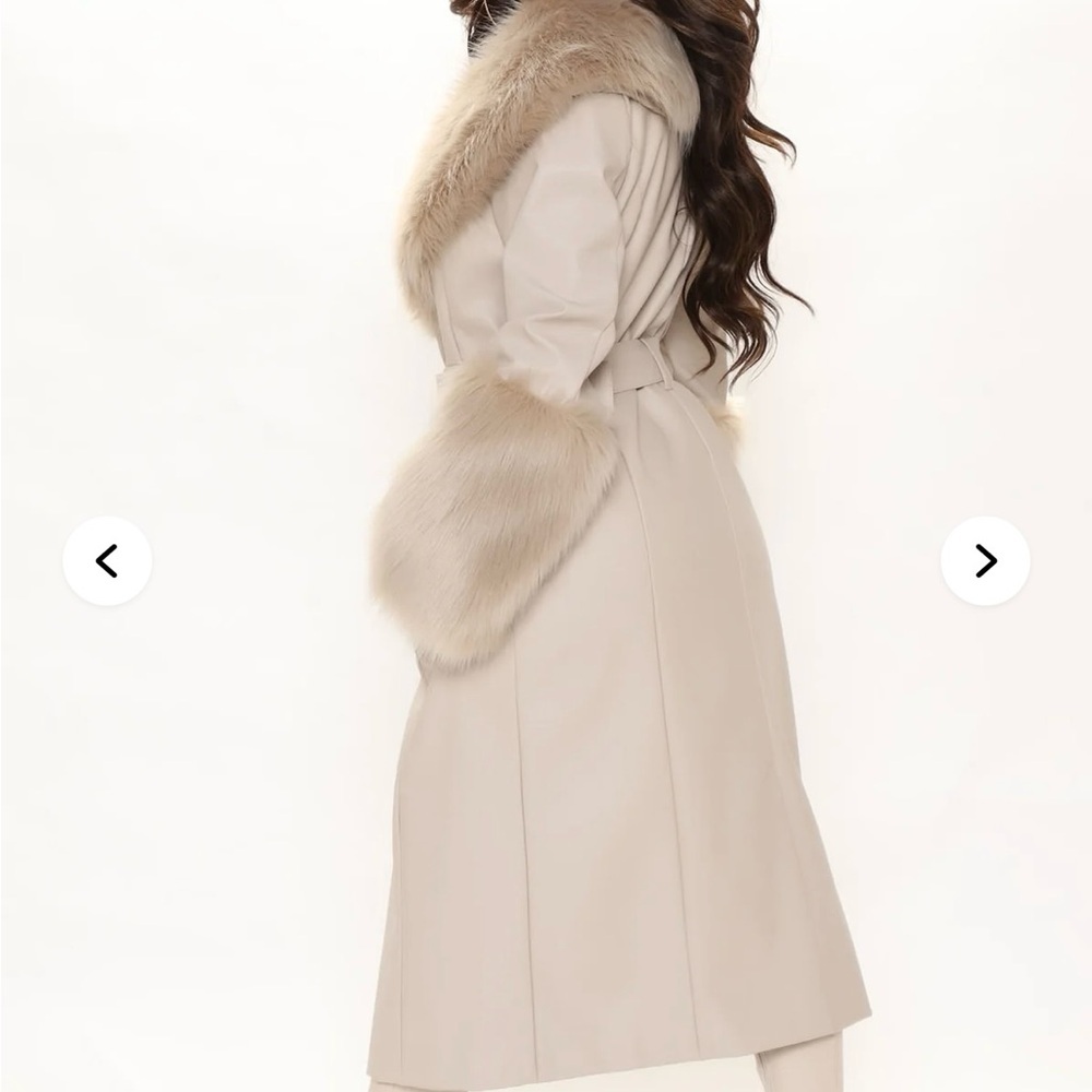 Fashion Nova Cream Faux Leather Trench Coat with Faux Fur - Picture 7 of 11
